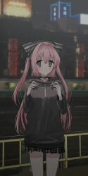 Rule 34 | 1girl, black choker, black hoodie, black ribbon, blurry, blurry background, blush, chihuri, choker, closed mouth, commentary request, depth of field, hair between eyes, hair intakes, hair ribbon, hands up, highres, holding, hood, hood down, hoodie, long hair, looking at viewer, nea (chihuri), original, outdoors, pink hair, plaid, plaid skirt, pleated skirt, purple eyes, railing, ribbon, road, skirt, solo, striped clothes, striped headwear, two side up, very long hair