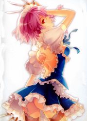 Rule 34 | 1girl, apron, artist request, ass, bow, braid, breasts, embodiment of scarlet devil, female focus, gradient background, highres, izayoi sakuya, knife, looking back, maid, maid apron, maid headdress, panties, pink hair, red eyes, ribbon, short hair, skirt, solo, tattoo, throwing knife, touhou, twin braids, underwear, weapon, white background