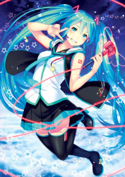 Rule 34 | 1girl, bare shoulders, black skirt, blue eyes, blue hair, blush, boots, breasts, full body, grin, hair between eyes, hair ornament, hatsune miku, hood, hood down, hoodie, koko (koko3), long hair, looking at viewer, microphone, open clothes, open hoodie, shirt, skirt, sleeveless, sleeveless shirt, small breasts, smile, solo, star (symbol), tattoo, thigh boots, thighhighs, twintails, v, very long hair, vocaloid, white shirt