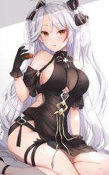 Rule 34 | 1girl, :q, alcohol, antenna hair, azur lane, bare shoulders, black bow, black dress, black gloves, blush, bow, breasts, brown eyes, cleavage, closed mouth, clothing cutout, commentary request, cross, cup, dress, drink, drinking glass, gloves, hair between eyes, hair bow, hair ornament, hand up, highres, holding, holding cup, ice, ice cube, iron cross, kon (k0n16), large breasts, long hair, looking at viewer, medium breasts, mole, mole on breast, multicolored hair, parted bangs, prinz eugen (azur lane), prinz eugen (cordial cornflower) (azur lane), red hair, silver hair, sitting, sleeveless, sleeveless dress, smile, solo, streaked hair, striped, striped bow, thighs, tongue, tongue out, two side up, underboob cutout, very long hair, yokozuwari