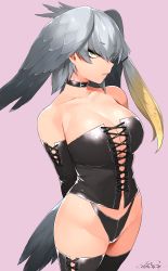 Rule 34 | 1girl, arm cuffs, arms behind back, bird tail, black gloves, black legwear, bondage outfit, breasts, choker, cleavage, closed mouth, collarbone, commentary request, corset, cowboy shot, dated, eyes visible through hair, frown, gloves, green eyes, grey hair, happa (cloverppd), head wings, kemono friends, large breasts, navel, pink background, sanpaku, shoebill (kemono friends), signature, simple background, single sidelock, solo, tail, thong, tsurime, underwear, underwear only, wings