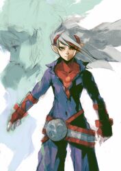 Rule 34 | 1boy, belt, blue eyes, breath of fire, breath of fire iv, closed mouth, fou-lu, gloves, highres, horns, kannoaki, long hair, looking at viewer, male focus, mami (breath of fire), pointy ears, simple background, white background, white hair
