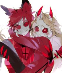 Rule 34 | 1boy, 1girl, alastor (hazbin hotel), anose, black hair, blonde hair, carrying, carrying person, charlie morningstar, colored sclera, commentary request, crying, demon boy, demon girl, demon horns, hazbin hotel, highres, horns, long hair, looking at viewer, multicolored hair, princess carry, red eyes, red sclera, short hair, simple background, smile, upper body