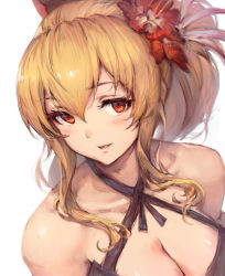 Rule 34 | 10s, 1girl, bare shoulders, blonde hair, blush, bow, breasts, chromatic aberration, cleavage, criss-cross halter, eyebrows, eyelashes, flower, gou (ga673899), granblue fantasy, hair between eyes, hair bow, hair flower, hair ornament, halterneck, haoni, large breasts, long hair, looking at viewer, parted lips, ponytail, red eyes, red flower, sidelocks, simple background, smile, solo, upper body, vira (granblue fantasy), white background