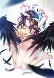 Rule 34 | 1girl, albedo (overlord), arms up, artist name, bad id, bad pixiv id, black hair, black wings, breasts, carnelian, commentary request, convenient censoring, detached collar, elbow gloves, feathers, gloves, high heels, horns, large breasts, legs, long hair, looking at viewer, nude, overlord (maruyama), parted lips, simple background, sitting, slit pupils, solo, toeless footwear, wariza, white gloves, wing censor, wings, yellow eyes