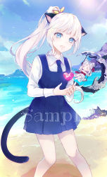 Rule 34 | &gt; &lt;, 2girls, :d, animal ears, beach, blade &amp; soul, blue dress, blue eyes, blue neckwear, blue sky, blush, bow, cat ears, cat girl, cat tail, character request, chibi, closed eyes, cloud, cloudy sky, collared shirt, crescent, day, double bun, dress, elbow gloves, gloves, hair bun, hair ribbon, heart, high ponytail, long hair, long sleeves, lyn (blade &amp; soul), multiple girls, necktie, ocean, official art, open mouth, outdoors, pinafore dress, pleated dress, ponytail, red bow, ribbon, sample watermark, sand, shirt, sky, sleeveless, sleeveless dress, smile, standing, strapless, strapless dress, swing, tail, water, watermark, wavy mouth, white dress, white gloves, white hair, white shirt, yellow ribbon, yuizayomiya