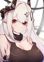 Rule 34 | 1girl, absurdres, arknights, bare shoulders, black collar, black horns, black sports bra, breasts, chest sarashi, chromatic aberration, cleavage, closed mouth, collar, ear piercing, expressionless, eyes visible through hair, grey hair, hair over shoulder, highres, horns, infection monitor (arknights), large breasts, light blush, long hair, looking at viewer, material growth, mudrock (arknights), oripathy lesion (arknights), piercing, pointy ears, red eyes, sarashi, solo, sports bra, strap slip, upper body, white background, worimehl