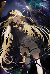 Rule 34 | 1girl, abigail williams (fate), absurdres, asymmetrical legwear, black bow, black dress, black hat, black panties, black thighhighs, blonde hair, bloomers, blue eyes, bow, bug, butterfly, commentary request, dress, fate/grand order, fate (series), forehead, glowing, groin, hair bow, hat, highres, insect, key, kuronoiparoma, long hair, looking away, mismatched legwear, night, night sky, open mouth, orange bow, panties, panties under bloomers, parted bangs, single thighhigh, sky, solo, star (sky), starry sky, thighhighs, torn clothes, transformation, underwear, very long hair, white bloomers, witch hat
