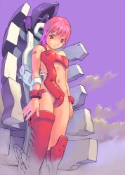 Rule 34 | 1girl, barcode, highres, orange bullet, pink hair, red eyes, science fiction, short hair, sky, solo, thighhighs