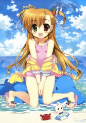 Rule 34 | 10s, 1girl, :d, absurdres, blonde hair, cloud, crab, day, dolphin, feet, fujima takuya, green eyes, hair ribbon, heterochromia, highres, inflatable dolphin, inflatable toy, lyrical nanoha, mahou shoujo lyrical nanoha, mahou shoujo lyrical nanoha vivid, official art, one-piece swimsuit, open mouth, pink one-piece swimsuit, rabbit, red eyes, ribbon, sacred heart, sandals, scan, school swimsuit, shallow water, sky, smile, solo, swimsuit, toes, twintails, two side up, vivio, water