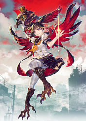 Rule 34 | 1girl, argyle, argyle clothes, argyle legwear, bird wings, black hair, black skirt, blunt bangs, boots, building, closed mouth, cross-laced footwear, crown, flying, full body, head wings, lace-up boots, looking at viewer, monster girl, multicolored hair, neckerchief, original, pantyhose, pleated skirt, red hair, school uniform, serafuku, skirt, smile, solo, talons, two-tone hair, white pantyhose, wings, zounose