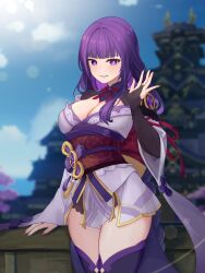Rule 34 | 1girl, 3d background, :d, absurdres, arm support, armor, black thighhighs, blunt bangs, blurry, braid, breasts, bridal gauntlets, cleavage, commentary, depth of field, genshin impact, hair ornament, highres, himari (himari ttc), japanese clothes, kimono, large breasts, long hair, long sleeves, looking at viewer, low ponytail, mitsudomoe (shape), obi, on fence, open mouth, parted lips, purple eyes, purple hair, raiden shogun, sash, short kimono, shoulder armor, sidelocks, single braid, smile, solo, thighhighs, tomoe (symbol), wide sleeves