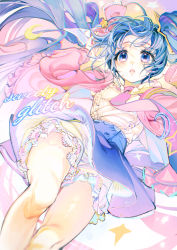 Rule 34 | 1girl, :o, absurdres, blouse, blue eyes, blue hair, blue skirt, cardigan, chromatic aberration, commentary, crescent, english commentary, feet out of frame, foreshortening, frilled skirt, frills, gradient eyes, hatsune miku, highres, knees, layered skirt, long hair, looking at viewer, multicolored eyes, open cardigan, open clothes, open mouth, pink cardigan, purple eyes, rumoon, shirt, shirt tucked in, skirt, solo, star (symbol), thighs, twintails, vocaloid, white shirt