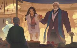 Rule 34 | 1boy, 2girls, back, beard, black hair, blue eyes, blue scarf, cane, character request, cowboy shot, dark-skinned male, dark skin, facial hair, feet out of frame, food, formal, fruit, fruit stand, green robe, grey hair, hair bun, highres, holding, holding food, holding fruit, jp (street fighter), long hair, looking down, male focus, market, market stall, mature male, multiple girls, muscular, muscular male, mustache, old, old man, old woman, outdoors, pants, pectorals, ponytail, purple suit, robe, sa1k0p, scarf, street fighter, street fighter 6, suit, thick eyebrows, thick mustache, wavy hair, white hair, white pants, white suit