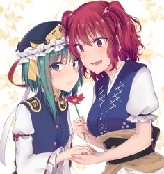 Rule 34 | 2girls, arm garter, asa (coco), asymmetrical hair, blue eyes, blue vest, blush, breasts, closed mouth, flower, green hair, hair bobbles, hair ornament, hat, hat ribbon, holding hands, juliet sleeves, long sleeves, looking at viewer, medium breasts, multiple girls, onozuka komachi, open mouth, puffy short sleeves, puffy sleeves, red eyes, red hair, ribbon, shiki eiki, short sleeves, small breasts, smile, touhou, twintails, upper body, vest