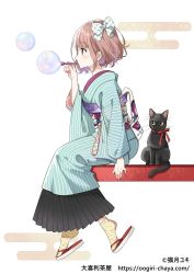 Rule 34 | 1girl, animal, black cat, black skirt, blue kimono, bow, brown hair, blowing bubbles, bubble pipe, cat, copyright notice, copyright request, egasumi, flip-flops, from side, hair bow, hand up, highres, holding, japanese clothes, kimono, long sleeves, multicolored hair, nekozuki yuki, obi, official art, pleated skirt, polka dot, polka dot bow, profile, purple eyes, purple hair, red footwear, sandals, sash, short hair, simple background, sitting, skirt, socks, solo, striped clothes, striped kimono, two-tone hair, vertical-striped clothes, vertical-striped kimono, watermark, web address, white background, white bow, white footwear, white socks, wide sleeves, yukata