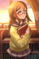 Rule 34 | 1girl, absurdres, artist name, artist request, black pantyhose, blush, book, bookshelf, bow, bowtie, breasts, brown eyes, brown hair, buttons, cardigan, collarbone, curly hair, eyebrows, female focus, glasses, grey sailor collar, grey skirt, hair between eyes, highres, holding, holding book, indoors, kunikida hanamaru, layered skirt, light brown hair, long hair, long sleeves, looking at viewer, love live!, love live! sunshine!!, miniskirt, nail, nail polish, orange bow, pantyhose, parted lips, pink nails, plaid, plaid skirt, pleated, pleated skirt, sailor collar, school uniform, semi-rimless eyewear, skirt, sleeves past wrists, smile, solo, sparkle, sunset, sweater, uranohoshi school uniform, window, yellow cardigan, yellow eyes, yellow sweater