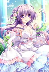 Rule 34 | 1girl, bare shoulders, breasts, bridal gauntlets, cleavage, commentary request, double bun, dress, flower, frilled dress, frills, gloves, hair between eyes, hair flower, hair ornament, holding, holding clothes, holding dress, jewelry, large breasts, long hair, looking at viewer, nail polish, nanaroba hana, necklace, original, pillar, purple eyes, purple hair, rose, solo, sparkle, wedding dress, white dress, white gloves, white nails