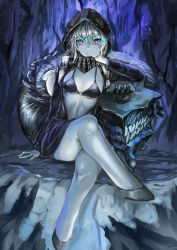 Rule 34 | 10s, 1girl, abyssal ship, bikini, bikini top only, breasts, crossed legs, glowing, glowing eyes, hood, jacket, kantai collection, looking at viewer, navel, o-ring, o-ring top, pale skin, personification, purple eyes, re-class battleship, short hair, silver hair, small breasts, smile, solo, sturmjaeger (daybreaks0), swimsuit, tail