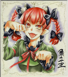 Rule 34 | 1girl, angel, animal ears, bow, braid, cat ears, cat girl, dress, english text, extra ears, fangs, female focus, fingernails, green dress, hair bow, highres, kaenbyou rin, long fingernails, looking at viewer, open mouth, paw pose, pointy ears, portrait, red eyes, red hair, shikishi, short hair, solo, touhou, traditional media, twin braids, uousa-ou, upper body