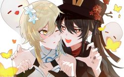 Rule 34 | 2girls, 3o c, black hair, blonde hair, bug, butterfly, cheek-to-cheek, chinese clothes, commentary request, detached sleeves, flower, genshin impact, ghost, ghost pose, hair between eyes, hair flower, hair ornament, hat, hat flower, hat ornament, heads together, highres, hu tao (genshin impact), insect, jewelry, long hair, long sleeves, looking at another, lumine (genshin impact), multiple girls, red eyes, ring, short hair, short hair with long locks, sidelocks, simple background, symbol-shaped pupils, twintails, white background, yellow eyes