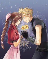 Rule 34 | 1boy, 1girl, aerith gainsborough, armor, bangle, belt, black gloves, blonde hair, blue background, blue eyes, blue pants, blue shirt, bracelet, breasts, brown hair, cloud strife, cowboy shot, cropped jacket, dress, final fantasy, final fantasy vii, final fantasy vii remake, flower, forehead-to-forehead, gloves, green eyes, hair between eyes, hair ribbon, heads together, holding, holding flower, holding hands, jacket, jewelry, jo ro ri, leaning forward, lily (flower), long hair, looking at another, medium breasts, multiple belts, pants, parted bangs, pink dress, pink ribbon, red jacket, ribbon, shirt, short hair, short sleeves, shoulder armor, sidelocks, sleeveless, sleeveless turtleneck, smile, spiked hair, square enix, turtleneck, twitter username, yellow flower