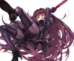 Rule 34 | 1girl, absurdres, armor, armored boots, ass, bodysuit, boots, breasts, fate/grand order, fate (series), gae bolg (fate), hair intakes, high heels, highres, large breasts, leotard, long hair, pauldrons, polearm, purple hair, purple leotard, red eyes, scathach (fate), shoulder armor, simple background, solo, spear, thighs, very long hair, weapon, white background, zuihou de miao pa si