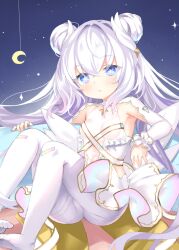 Rule 34 | + +, 1girl, :o, armpit cutout, armpits, ass, azur lane, blue eyes, blush, bow, breasts, clothing cutout, collarbone, crescent, crescent moon, crossed bangs, detached sleeves, double bun, feet, frills, hair between eyes, hair bun, hair ornament, hair ribbon, head wings, highres, idol, idol clothes, knees up, le malin (azur lane), le malin (muse) (azur lane), leotard, long hair, long sleeves, looking at viewer, low wings, m-eine, moon, night, night sky, no shoes, official alternate costume, panties, panties under pantyhose, pantyhose, parted lips, pillow, reclining, ribbon, see-through, sidelocks, sitting, skirt, sky, sleeveless, small breasts, solo, star (sky), star (symbol), starry sky, symbol-shaped pupils, thighband pantyhose, toes, tutu, underwear, very long hair, white background, white hair, white leotard, white pantyhose, white skirt, white sleeves, white wings, wings