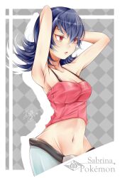 Rule 34 | armpits, arms behind head, belt, belt buckle, blue hair, border, breasts, buckle, checkered background, cleavage, creatures (company), crop top, curvy, game freak, highres, hip focus, jin (artist), medium breasts, midriff, navel, nintendo, open mouth, pants, pink background, pink shirt, pokemon, pokemon hgss, sabrina (pokemon), shirt, strap, white border, white pants