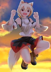 Rule 34 | 1girl, animal ears, breasts, detached sleeves, fang, full body, hat, inubashiri momiji, jumping, kunsei hamu, looking at viewer, midriff, navel, open mouth, pom pom (clothes), red eyes, short hair, silver hair, skirt, small breasts, solo, tail, tokin hat, touhou, wolf ears, wolf tail
