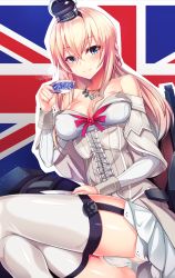 Rule 34 | 10s, 1girl, bad id, bad pixiv id, blonde hair, blue eyes, braid, breasts, cleavage, crotch, crown, cup, dress, england, french braid, garter belt, garter straps, hair between eyes, hairband, highres, kantai collection, long hair, long sleeves, mini crown, panties, silly (marinkomoe), sitting, smile, solo, teacup, thighhighs, underwear, union jack, united kingdom, warspite (kancolle), white dress, white thighhighs