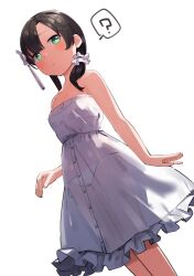 Rule 34 | 1girl, ?, absurdres, arm at side, assault lily, bare arms, bare shoulders, bikini, bikini under clothes, black hair, blunt bangs, blush, breasts, bright pupils, buttons, cleavage, collarbone, commentary, dress, dutch angle, feet out of frame, flower, frilled dress, frills, goe (g-o-e), green eyes, hair flower, hair ornament, hair over shoulder, hair scrunchie, hand up, highres, long hair, looking at viewer, low ponytail, parted lips, scrunchie, see-through, see-through dress, side-tie bikini bottom, side ponytail, simple background, small breasts, solo, speech bubble, spoken question mark, strapless, strapless bikini, swimsuit, tassel, tassel hair ornament, wang yujia, white background, white bikini, white dress, white flower, white pupils, white scrunchie