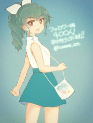 Rule 34 | 1girl, anchovy (girls und panzer), bag, carrying, casual, commentary, cowboy shot, drill hair, from side, girls und panzer, green background, green hair, green skirt, hair ribbon, halterneck, handbag, highres, kosame koori, lips, long hair, looking at viewer, looking back, milestone celebration, open mouth, ponytail, red eyes, ribbon, shirt, single drill, skirt, sleeveless, sleeveless shirt, smile, solo, standing, traditional media, translation request, white ribbon, white shirt
