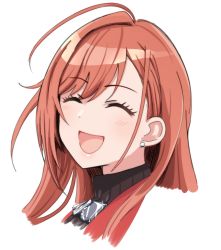 Rule 34 | 1girl, ahoge, arisugawa natsuha, black sweater, blazer, blush, closed eyes, earrings, facing viewer, highres, idolmaster, idolmaster shiny colors, jacket, jewelry, laughing, long hair, necklace, open mouth, portrait, red hair, red jacket, ribbed sweater, simple background, solo, stud earrings, sweater, swept bangs, turtleneck, turtleneck sweater, wasabi (wasalongt), white background