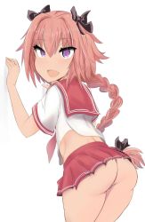 Rule 34 | 1boy, against wall, ass, astolfo (fate), braid, fang, fate/apocrypha, fate/grand order, fate (series), leaning, leaning forward, long hair, looking at viewer, male focus, miniskirt, open mouth, pink hair, purple eyes, school uniform, shiming liangjing, single braid, skirt, smile, solo, trap, very long hair