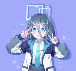 Rule 34 | 1girl, aris (blue archive), blue archive, blue eyes, blue necktie, blush, buttons, collared shirt, double v, fingernails, grey hair, grey jacket, grey skirt, hair between eyes, halo, hands up, heart, highres, jacket, kaoling, long hair, long sleeves, looking at viewer, multicolored clothes, multicolored jacket, necktie, open clothes, open jacket, open mouth, pleated skirt, pocket, puffy long sleeves, puffy sleeves, purple background, purple jacket, ringed eyes, shadow, shirt, simple background, skirt, solo, standing, star (symbol), v, white jacket, white shirt