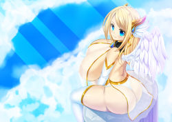 Rule 34 | 1girl, angel, angel wings, ass, bare shoulders, blonde hair, blue eyes, blush, breasts, elbow gloves, gloves, highres, huge breasts, long hair, nipples, original, revealing clothes, see-through, sitting, solo, thighhighs, thighs, wide hips, wings, yom-kyunkyunartworks