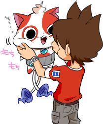 Rule 34 | 10s, 1boy, amano keita, bad id, bad pixiv id, belt, brown hair, buchinyan, cat, fangs, flame-tipped tail, from behind, multiple tails, notched ear, open mouth, red shirt, sakiko (gekiama), shirt, short hair, tail, two tails, watch, white background, wristwatch, traditional youkai, youkai watch, youkai watch (object), youkai watch 2