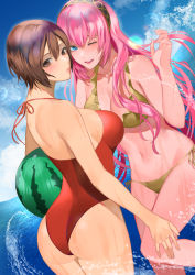 Rule 34 | 2girls, ass, ball, beachball, bikini, blue eyes, breasts, brown eyes, brown hair, cloud, commentary, cowboy shot, dutch angle, frilled bikini, frills, hair between eyes, hairband, highres, holding, holding ball, holding beachball, long hair, looking at viewer, looking back, medium breasts, megurine luka, meiko (vocaloid), meriko, multicolored hairband, multiple girls, one-piece swimsuit, one eye closed, open mouth, outdoors, pink hair, red one-piece swimsuit, short hair, side-tie bikini bottom, side-tie bottom, sideboob, sky, smile, swimsuit, teeth, thighs, upper teeth only, vocaloid, water, waves, wet, yellow bikini