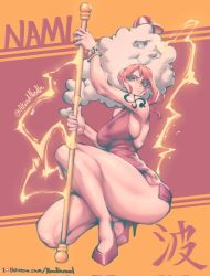 Rule 34 | 1girl, bare legs, bracelet, breasts, character name, clima-tact, cloud, dress, earrings, electricity, full body, high heels, highres, holding, holding weapon, jewelry, large breasts, long hair, looking at viewer, nami (one piece), noodlenood, one piece, orange eyes, orange hair, red dress, red footwear, shoulder tattoo, sideboob, sleeveless, sleeveless dress, tattoo, thighs, weapon, zeus (one piece)
