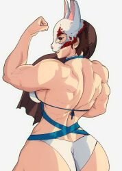 Rule 34 | 1girl, animification, ass, back, back focus, bikini, blood on mask, breasts, brown hair, clenched hand, dead by daylight, flexing, floating hair, from behind, grey background, highres, hooked on you, long hair, mask, medium breasts, muscular, muscular female, pink lips, sideboob, smile, solo, swimsuit, the huntress (dead by daylight), white bikini, yoracrab