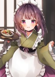 Rule 34 | 1girl, :d, absurdres, apron, blush, bow, brown hair, choker, commission, commissioner upload, dress, fallenshadow, flat chest, food, frilled apron, frilled dress, frilled kimono, frilled sleeves, frills, fruit, green kimono, hair bow, heripiro, highres, holding, holding food, holding tray, ice cream, indie virtual youtuber, indoors, japanese clothes, kimono, long skirt, long sleeves, looking at viewer, maid, maid apron, maid cafe, maid headdress, medium hair, open mouth, petite, pink eyes, pink skirt, short twintails, skeb commission, skirt, sleeves past wrists, smile, solo, spoon, tray, twintails, virtual youtuber, wa maid, white apron, window, wrist cuffs