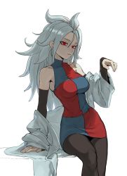 Rule 34 | 1girl, android 21, breasts, checkered clothes, dragon ball, dragon ball fighterz, dragonball z, grey hair, halo, highres, lab coat, large breasts, leggings, legs, long hair, looking at viewer, medium breasts, red eyes, solo, zequung, zquung