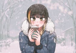 Rule 34 | 1girl, blush, braid, brown eyes, brown hair, coffee cup, commentary, cup, disposable cup, english commentary, girls&#039; frontline, hands up, holding, holding cup, long hair, long sleeves, looking at viewer, m16a1 (girls&#039; frontline), mole, mole under eye, monamin, multicolored hair, orange hair, outdoors, parted lips, scar, scar across eye, scar on face, single braid, smile, snow, snowing, solo, streaked hair, tree, upper body