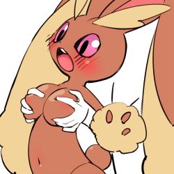 Rule 34 | 1girl, animal ears, arm up, blush, breasts, creatures (company), disembodied hand, female focus, furry, furry female, game freak, gen 4 pokemon, grabbing, grabbing another&#039;s breast, large breasts, looking down, lopunny, mizuki kotora, navel, nintendo, open mouth, pokemon, pokemon (creature), pokemon dppt, rabbit ears, rabbit tail, simple background, solo, standing, surprised, tail, teeth, white background