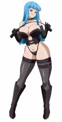 Rule 34 | 1girl, alternate breast size, artist request, bare legs, bare shoulders, black gloves, black panties, black thighhighs, blue eyes, blue hair, boots, breasts, cleavage, collar, corset, crotch zipper, curvy, darwaarts, dominatrix, dragon ball, dragonball z, elbow gloves, full body, gloves, highleg, highleg panties, highres, holding, holding whip, knee boots, large breasts, licking lips, lipstick, long hair, looking at viewer, makeup, maron (dragon ball), naughty face, navel, panties, riding crop, shiny skin, simple background, smile, thighhighs, thong, tongue, tongue out, underwear, whip, zipper, zipper pull tab