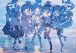 Rule 34 | 2023, 5girls, absurdres, ahoge, aiguillette, arms up, band uniform, bass clef, beamed eighth notes, beret, black coat, black footwear, black gloves, black necktie, black pantyhose, black shorts, blue bow, blue bowtie, blue coat, blue eyes, blue gloves, blue hair, blue headwear, blue jacket, blue necktie, blue skirt, boots, bow, bowtie, buttons, capelet, closed mouth, cloud, cloudy sky, coat, collared shirt, commentary, crescent, crescent hair ornament, detached sleeves, double-breasted, eighth note, epaulettes, floating hair, fortissimo, french horn, frilled hairband, frills, full body, fur-trimmed boots, fur-trimmed coat, fur-trimmed footwear, fur-trimmed kimono, fur trim, geta, gloves, glowing, gold trim, grey footwear, grey skirt, grey sleeves, grey thighhighs, hair bow, hair ornament, hair ribbon, hairband, hairclip, half gloves, happy new year, hat, hat feather, hatsune miku, headdress, headset, high heel boots, high heels, highres, holding, holding instrument, instrument, instrument hair ornament, jacket, japanese clothes, kimono, knee boots, knees together feet apart, konya karasue, layered clothes, layered kimono, leaning forward, leg up, light, lineup, long hair, looking at viewer, military, military uniform, mini shako cap, miniskirt, mittens, multiple girls, musical note, musical note hair ornament, musical note print, naval uniform, necktie, new year, ocean, one eye closed, open mouth, orange necktie, orange shirt, orange thighhighs, outdoors, outstretched arm, outstretched arms, pantyhose, peaked cap, pink bow, pink thighhighs, platform footwear, pleated skirt, purple skirt, quarter note, red bow, red bowtie, red ribbon, red shirt, red thighhighs, reflection, reflective water, ribbon, salute, scarf, see-through, see-through sleeves, shirt, shoes, shorts, skindentation, skirt, sky, sleeveless, sleeveless shirt, smile, snowflake print, snowflakes, staff (music), standing, standing on one leg, star-shaped pupils, star (symbol), striped clothes, striped thighhighs, sun hair ornament, symbol-shaped pupils, tabard, thighhighs, treble clef, twintails, uniform, vocaloid, white capelet, white coat, white footwear, white gloves, white headwear, white jacket, white mittens, white scarf, white shirt, white skirt, white sky, white thighhighs, yuki miku, yuki miku (2011), yuki miku (2020), yuki miku (2021), yuki miku (2022), yuki miku (2023), zettai ryouiki