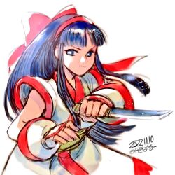 Rule 34 | 1girl, ainu clothes, blue eyes, blue hair, breasts, fighting stance, fingerless gloves, gloves, hair ribbon, long hair, looking at viewer, medium breasts, nakoruru, ribbon, samurai spirits, serious, smile, snk, solo, the king of fighters, weapon