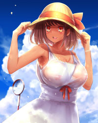 Rule 34 | 1girl, :d, armpits, arms up, bare shoulders, blue sky, bow, breasts, brown hair, brown hat, cleavage, cloud, collarbone, covered erect nipples, cowboy shot, dark-skinned female, dark skin, day, dress, hands on headwear, hat, hat bow, highres, himegumo, large breasts, mirror, nipples, no bra, open mouth, original, outdoors, pole, red bow, red eyes, see-through, short hair, sky, sleeveless, sleeveless dress, smile, solo, summer, sun hat, sundress, tan, wet, wet clothes, wet dress