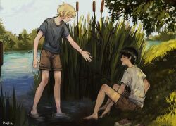 Rule 34 | 2boys, alternate costume, arm support, barefoot, basil (faraway) (omori), basil (omori), black hair, blonde hair, brown shorts, cattail, closed eyes, day, earrings, grey shirt, highres, jewelry, looking at another, multiple boys, omori, outdoors, parted lips, plant, red footwear, shirt, shoes, short sleeves, shorts, sitting, sneakers, standing, stud earrings, sunny (omori), tree, umilini2, unworn footwear, water, white shirt